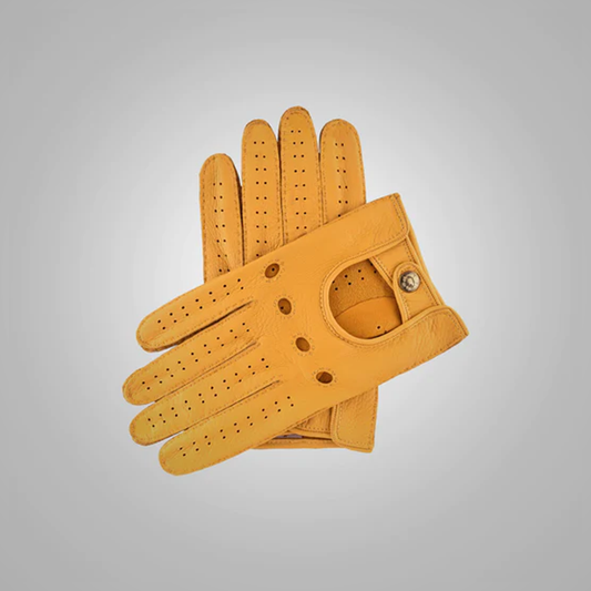 New Yellow Men Sheepskin Genuine Leather Driving Gloves