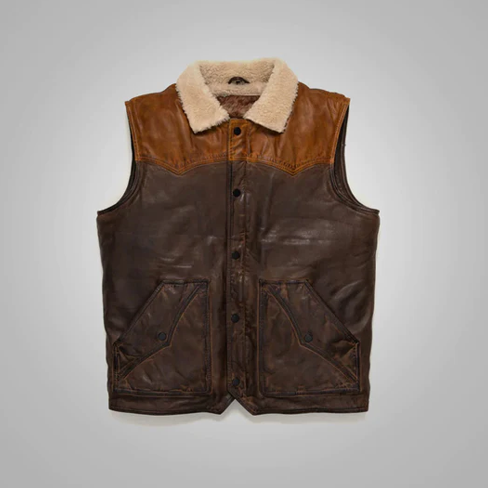 New Mens Brown Sheepskin Fur Shearling Leather Vest