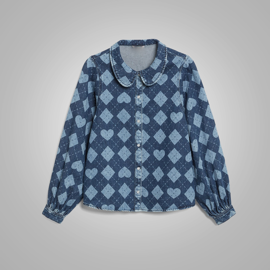 New Women a Rounded Denim shirt with Peter Pan collar