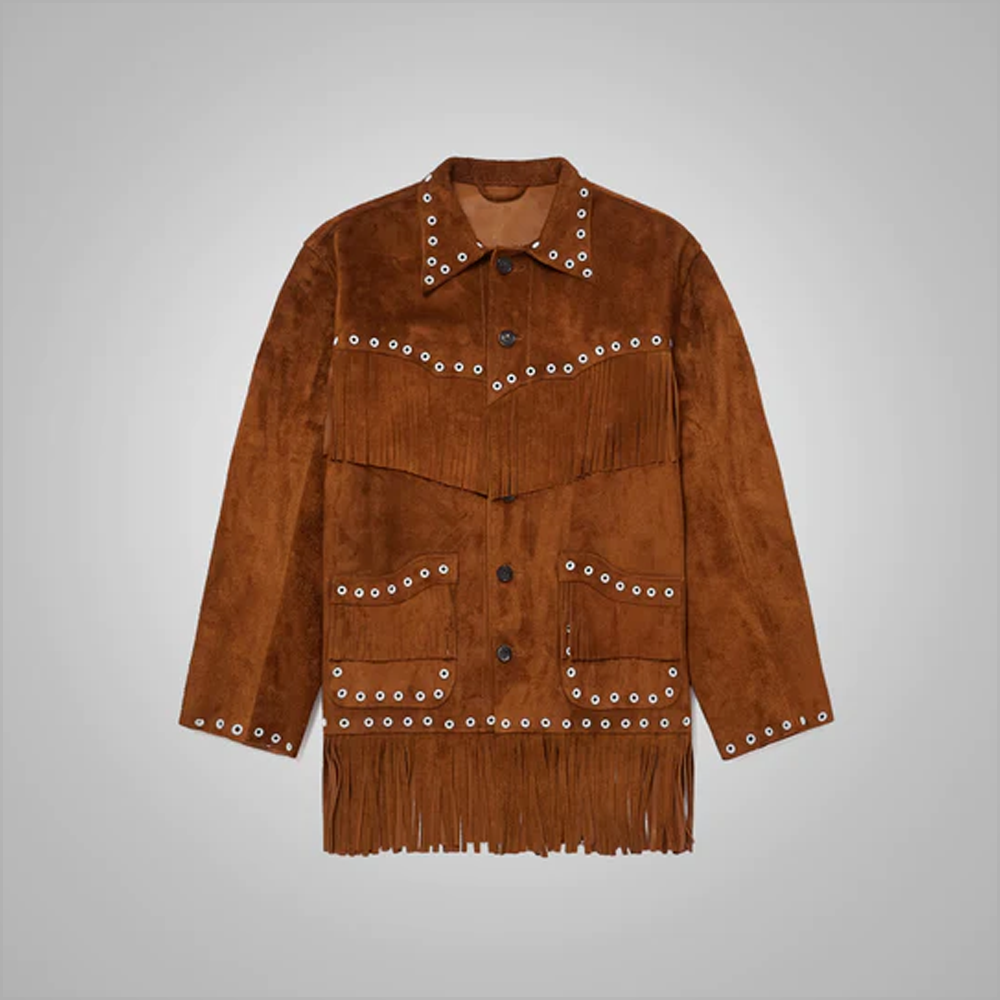 New Men's Brown Western Suede Leather Jacket with Long Fringes
