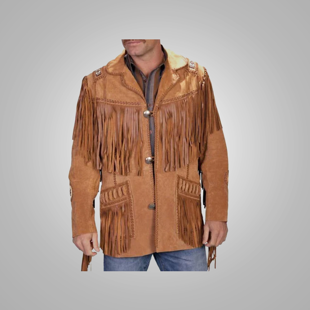 New Tan Brown Western Suede Cowboy Leather Jacket Fringes For Men
