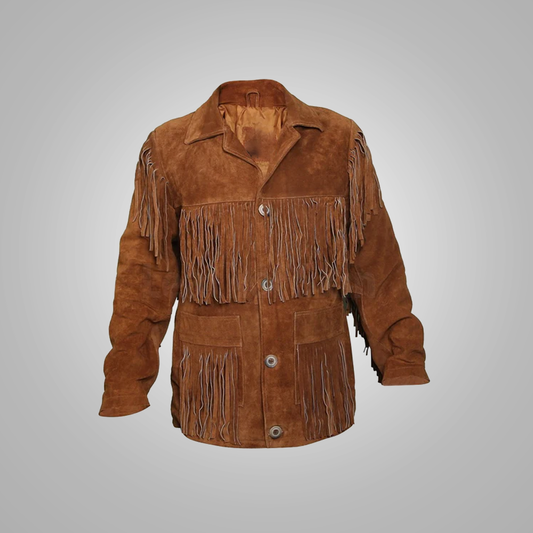 New Men Tawny Suede Leather Western Jacket with Fringes