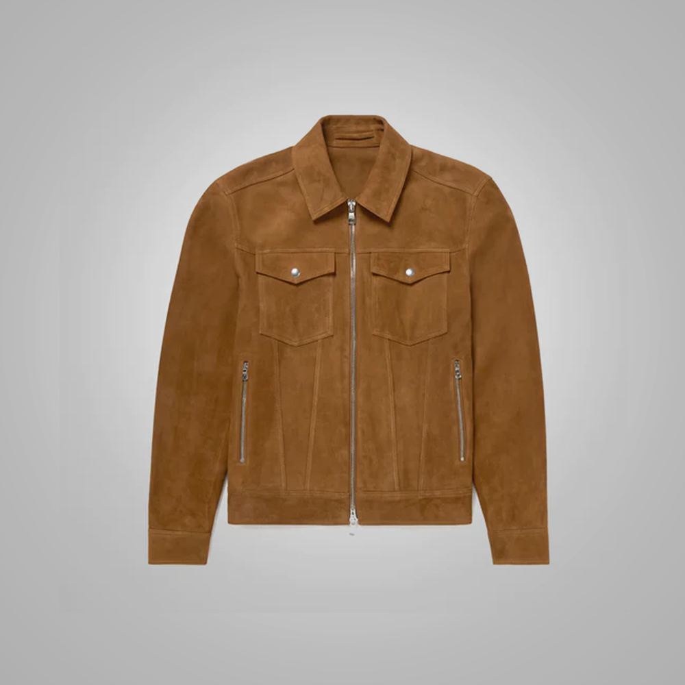 New Brown Lambskin Suede Leather Trucker Jacket For Men
