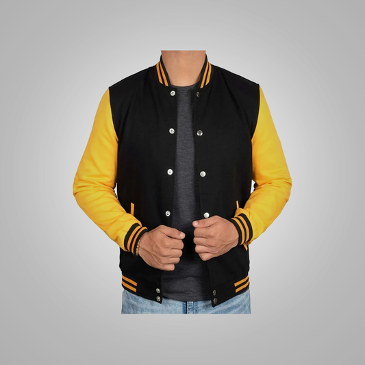 New Mens Black and Yellow Varsity Jacket With Two Outside Pockets