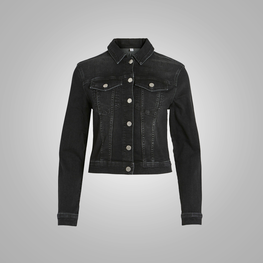 New Black Flap Pockets Denim jacket For Women