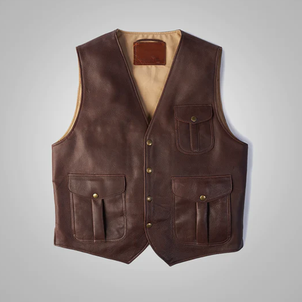 New Men Brown Multi Pocket Style Buckskin Leather Vest