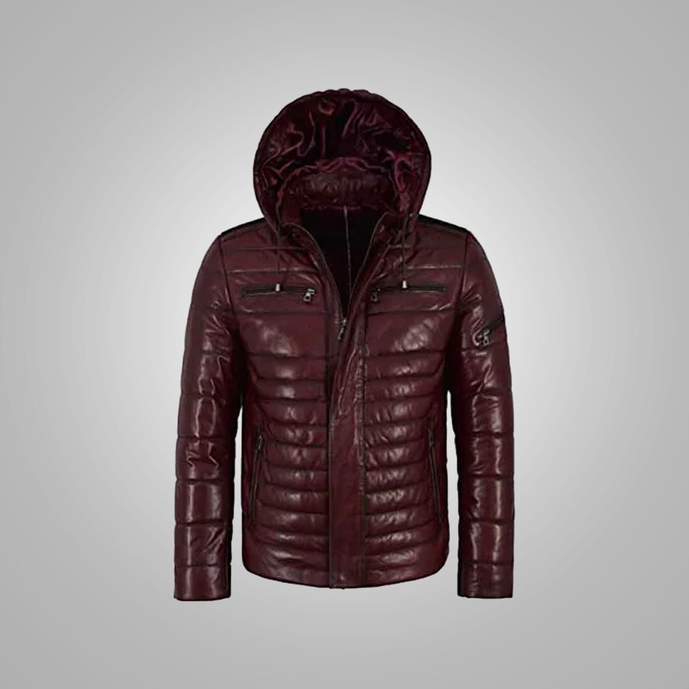 Men’s Puffer Hooded Sheepskin Genuine Leather Jacket