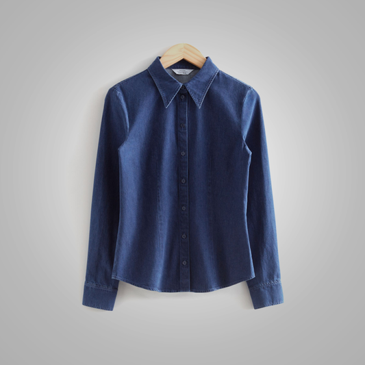 New Fitted Denim Shirt With a Pointed Collar For Women