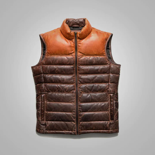 New Genuine Brown Bubble Leather Down Vest For Men