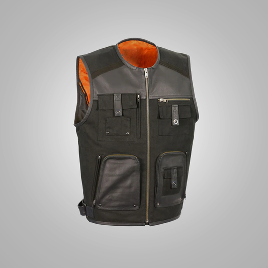 Sheepskin Leather & Canvas Zipper Front Multi Pocket Vest For Men