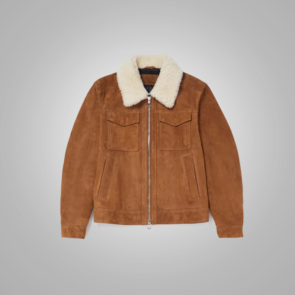 New Mens Lambskin Fur Collar Brown Suede Trucker Leather Jacket
