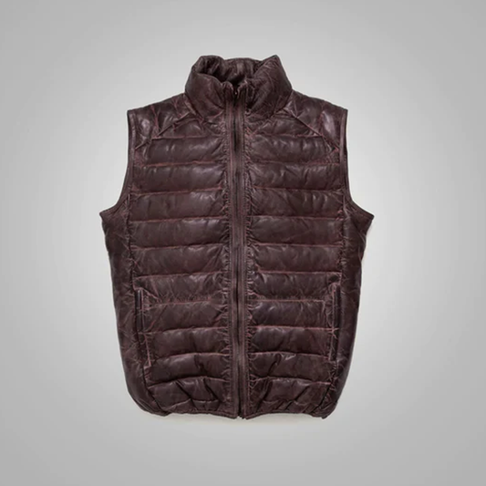 New Dark Brown Bubble Shearling Leather Down Vest For Men