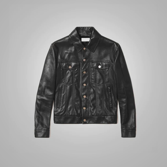 New Lambskin Black Style Leather Trucker Jacket For Mens