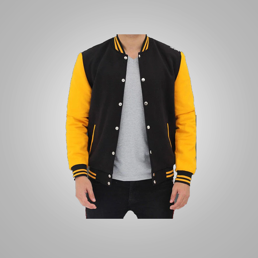 Baseball Black and Yellow Style Varsity Jacket For Mens