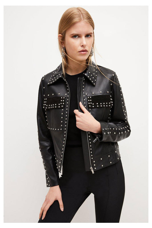 New Style Black Silver Spiked Studded Motorcycle Leather Jacket For Women
