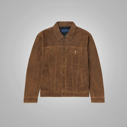 New Sheepskin Leather Brown Suede Iconic Trucker Jacket For Men