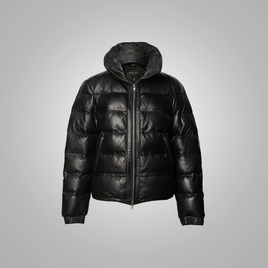 New Mens Black Leather Puffer Jacket