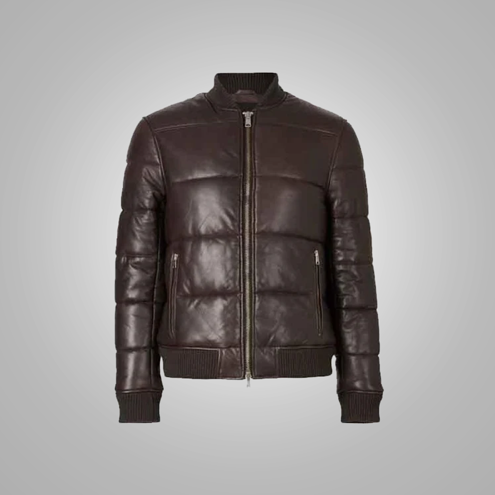 New Brown Leather Puffer Bomber Jacket For Men