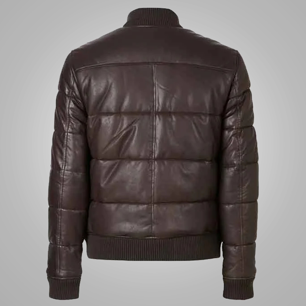 New Brown Leather Puffer Bomber Jacket For Men