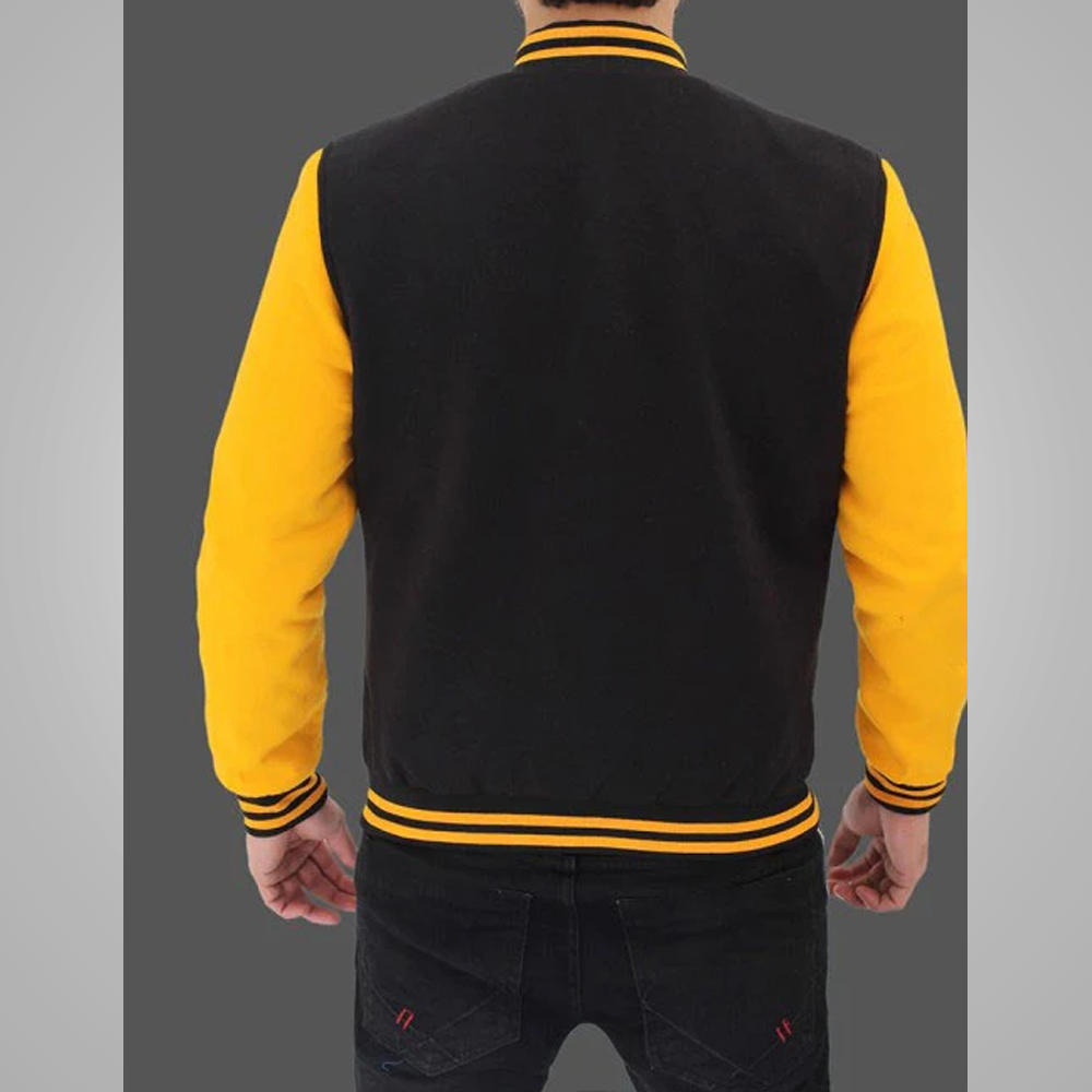 Baseball Black and Yellow Style Varsity Jacket For Mens
