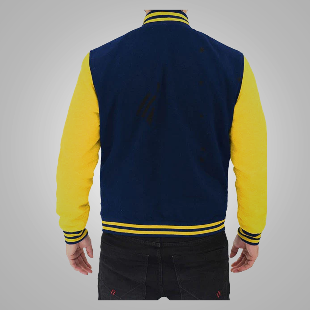 New Men Navy Blue and Yellow Baseball Style Varsity Jacket