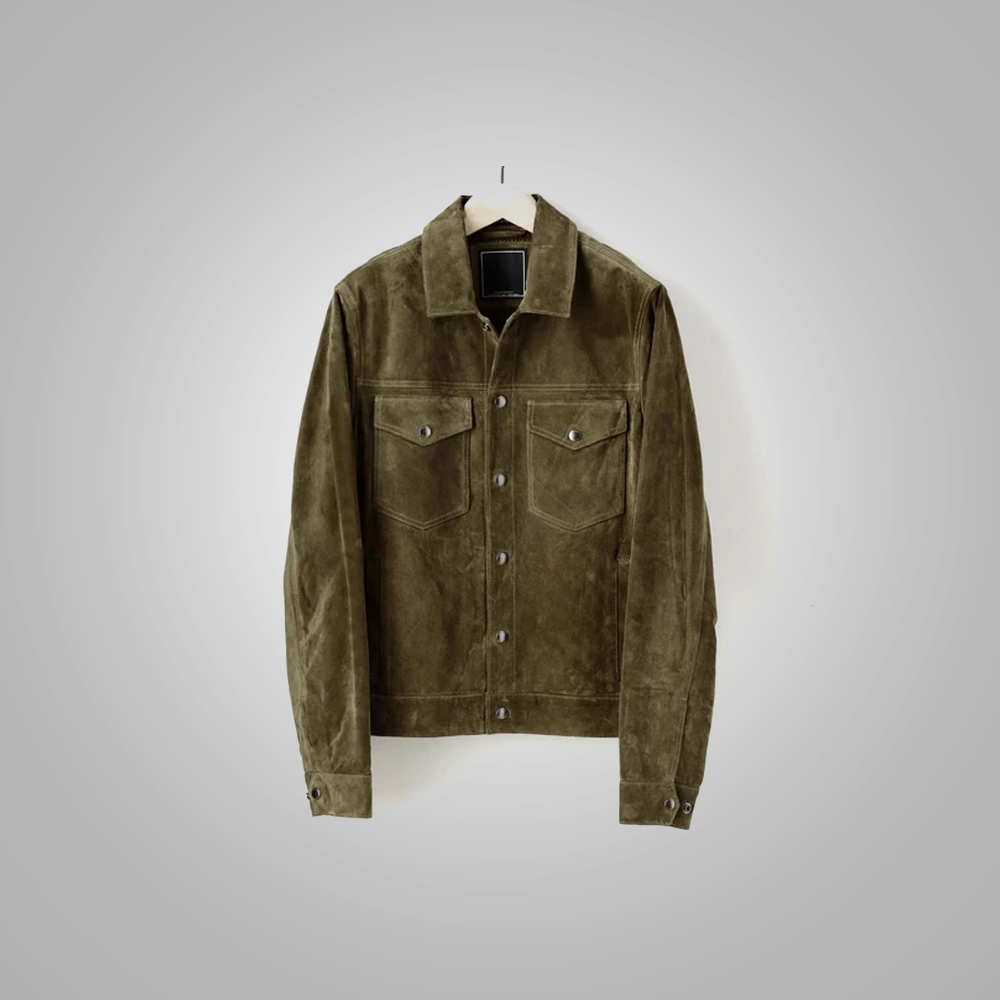 New Men’s Olive Suede Leather Shirt Jeans Style Bomber Leather Jacket