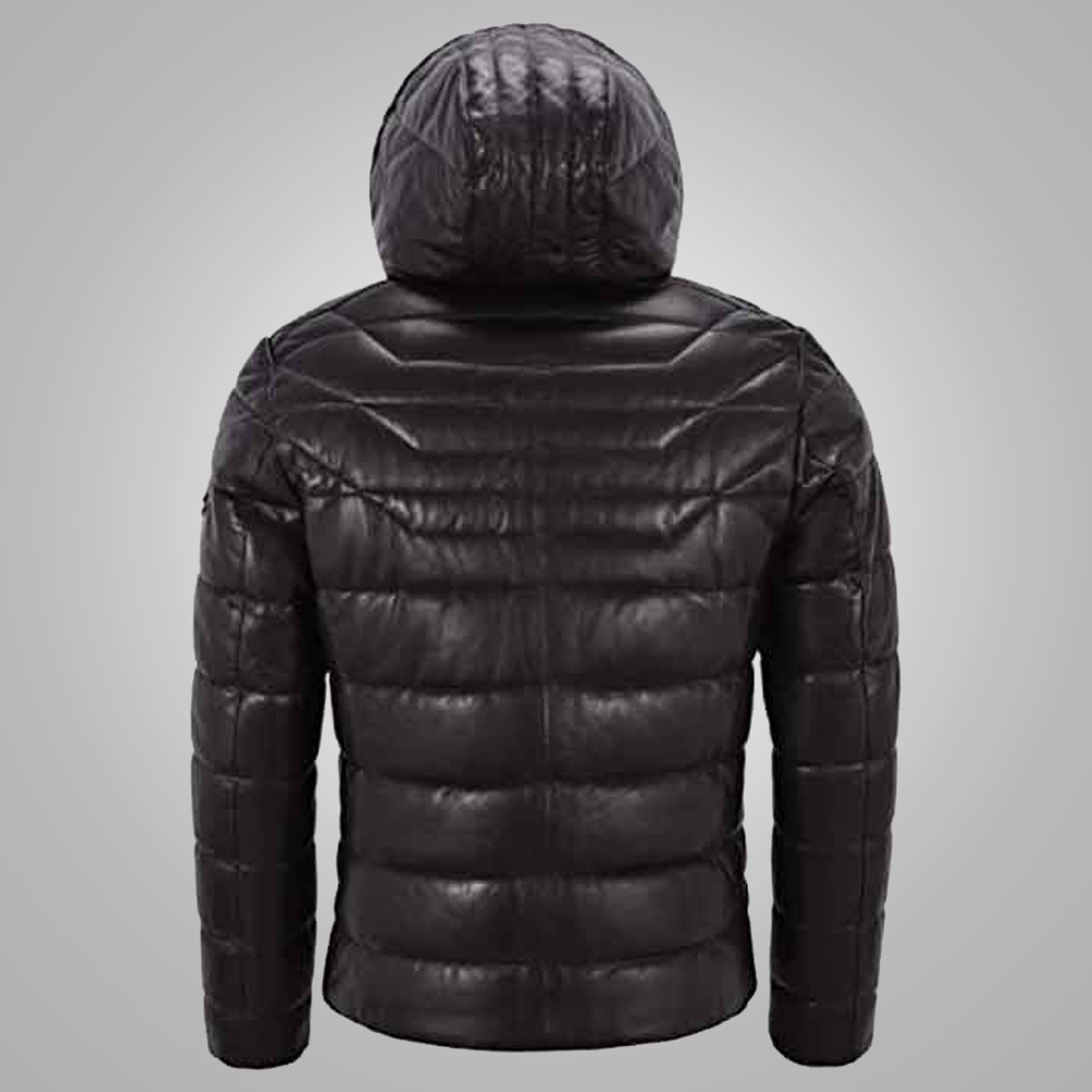 New Men’s Real Lambskin Leather Black Puffer Jacket With Hoods