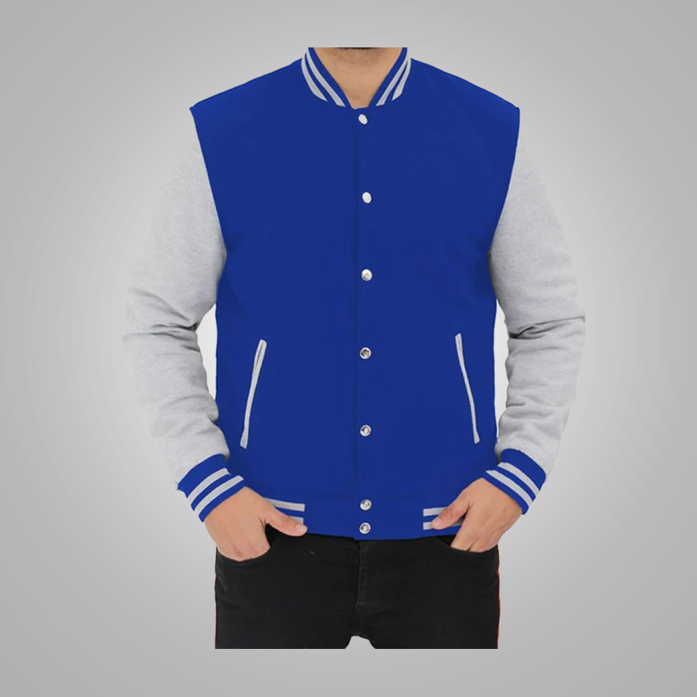 New Style Baseball Grey and Royal Blue Varsity Jacket For Men