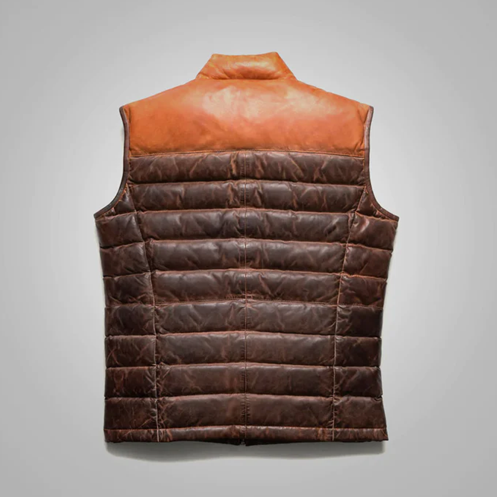 New Genuine Brown Bubble Leather Down Vest For Men