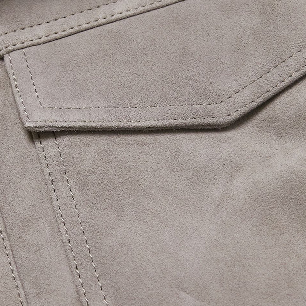 New Mens Grey Suede Sheepskin Leather Trucker Jacket White Fur Collar