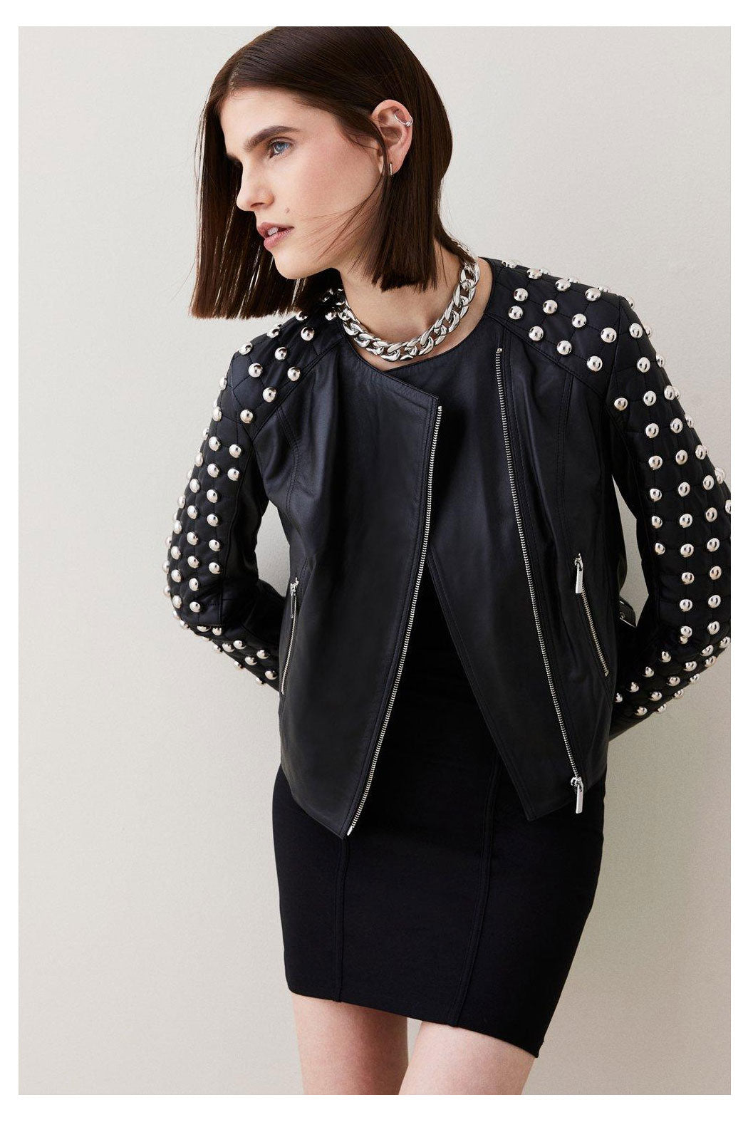 New Women Black Fashion Style Silver Spiked Studded Leather Jacket