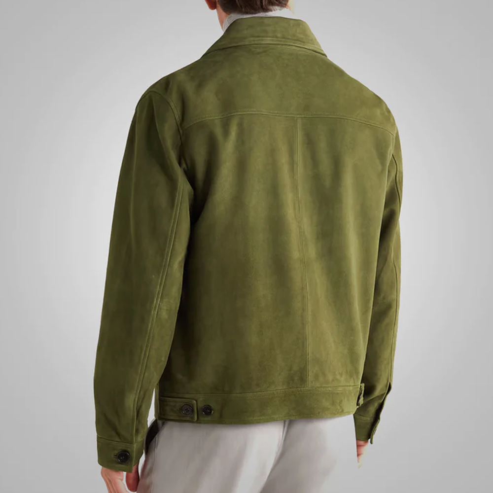 New Men's Sheepskin Green Suede Trucker Leather Jacket