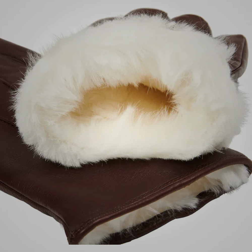 New Chocolate Brown Sheepskin Leather Gloves with white fur lining