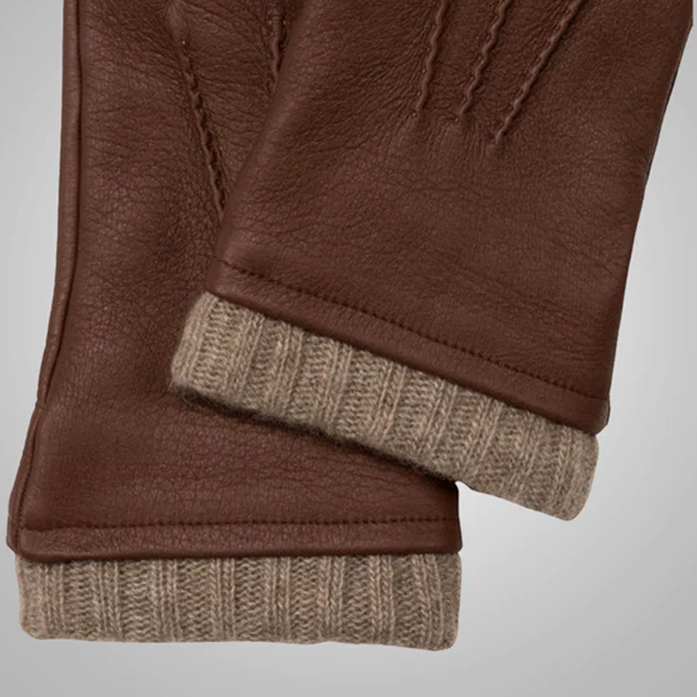 New American Deerskin Brown Leather Gloves with Cashmere Lining For Men