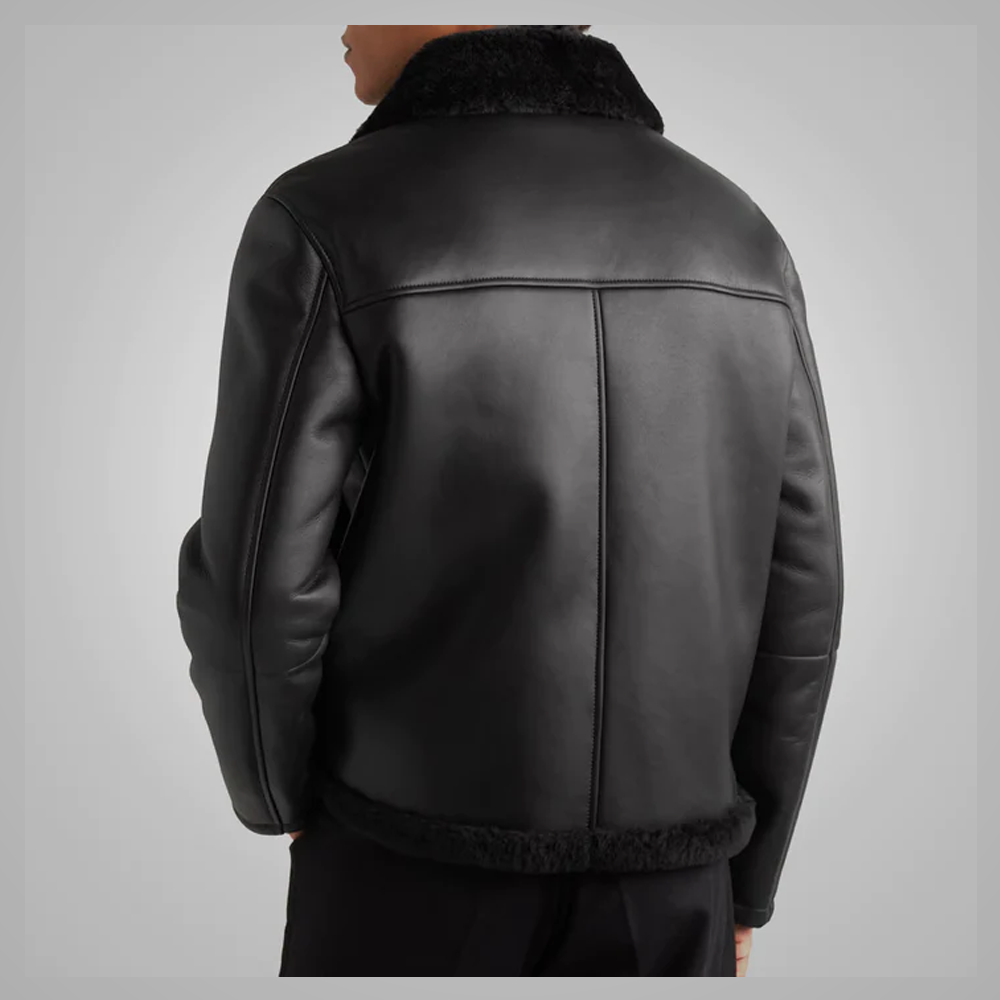 New Black Sheepskin Lined Leather Trucker Jacket For Men