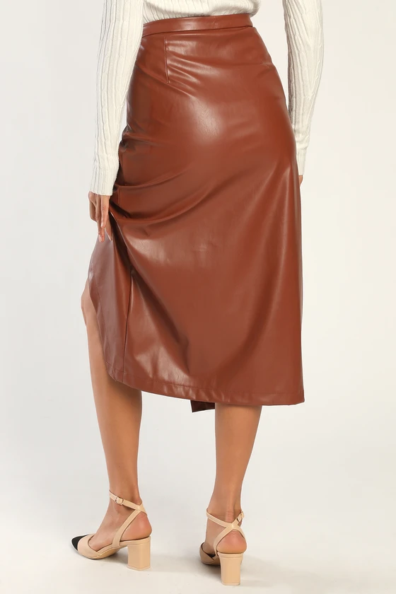New Brown Sheepskin Handmade Genuine Leather Faux Wrap Skirt