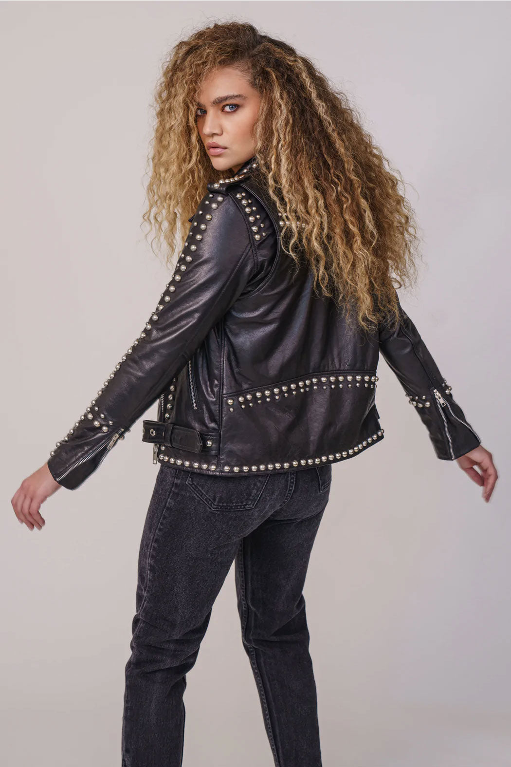New Black Punk Silver Long Spiked Motorcycle Studded Black Leather Jacket For Women