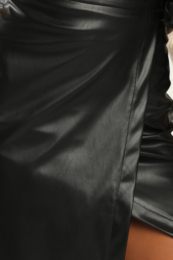 New Black Handmade Vegan Leather Faux Wrap Midi Skirt For Women