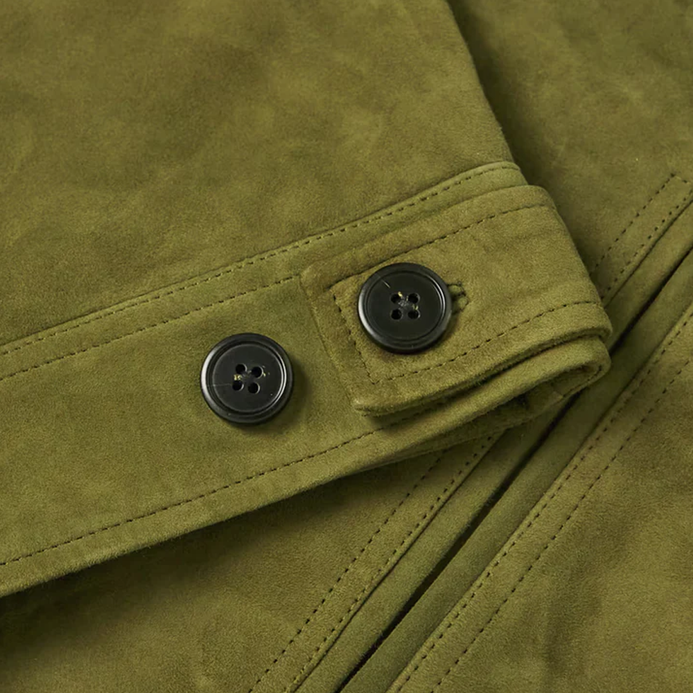 New Men's Sheepskin Green Suede Trucker Leather Jacket