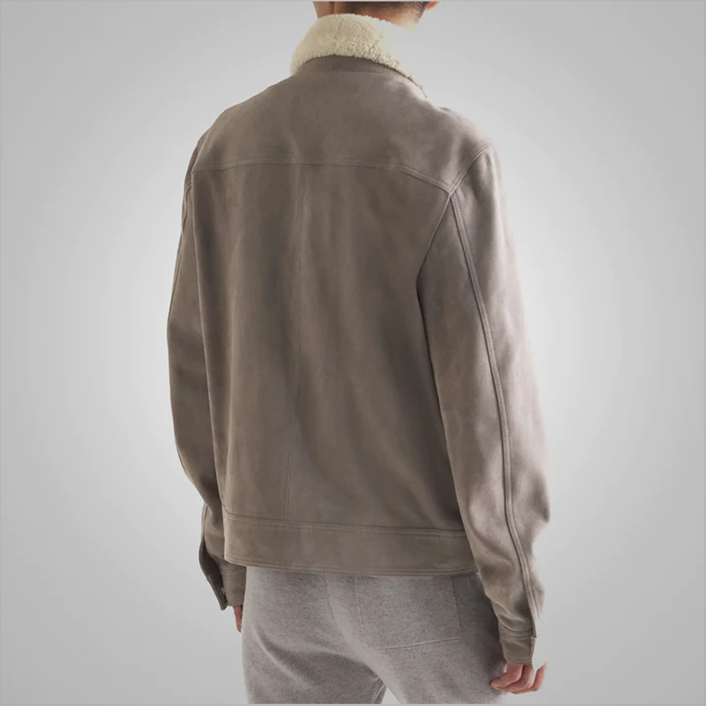 New Mens Grey Suede Sheepskin Leather Trucker Jacket White Fur Collar
