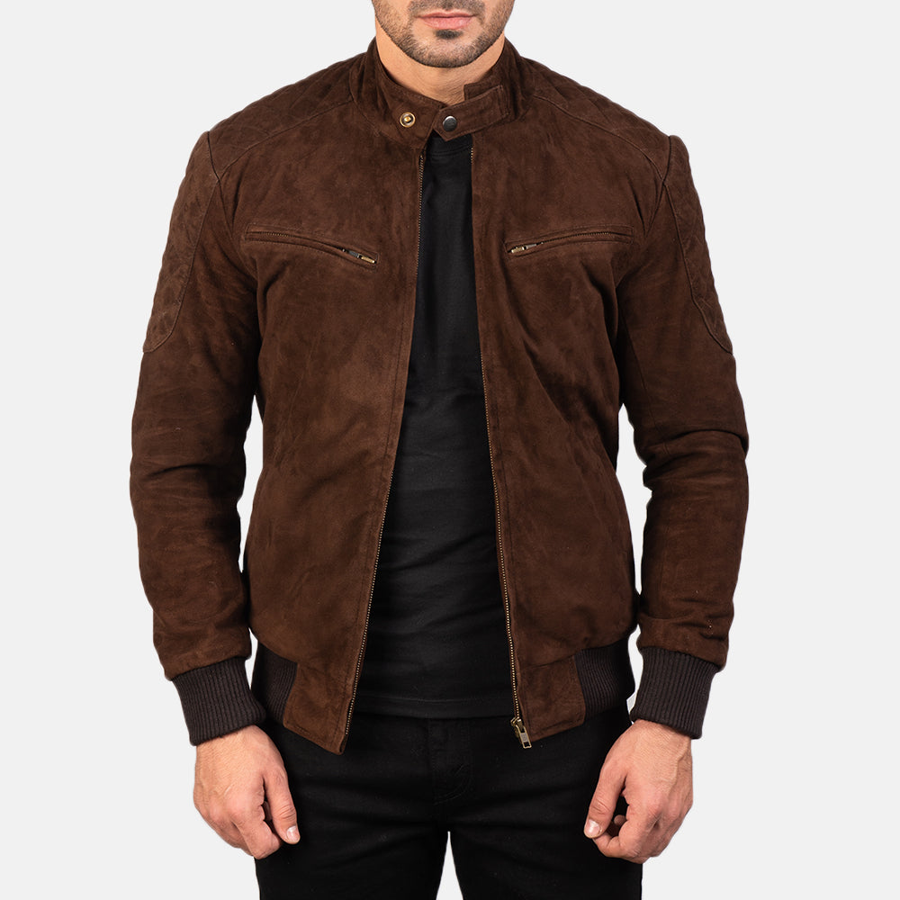 Mens New Tan Brown Genuine Leather Suede Bomber Biker Leather Jacket