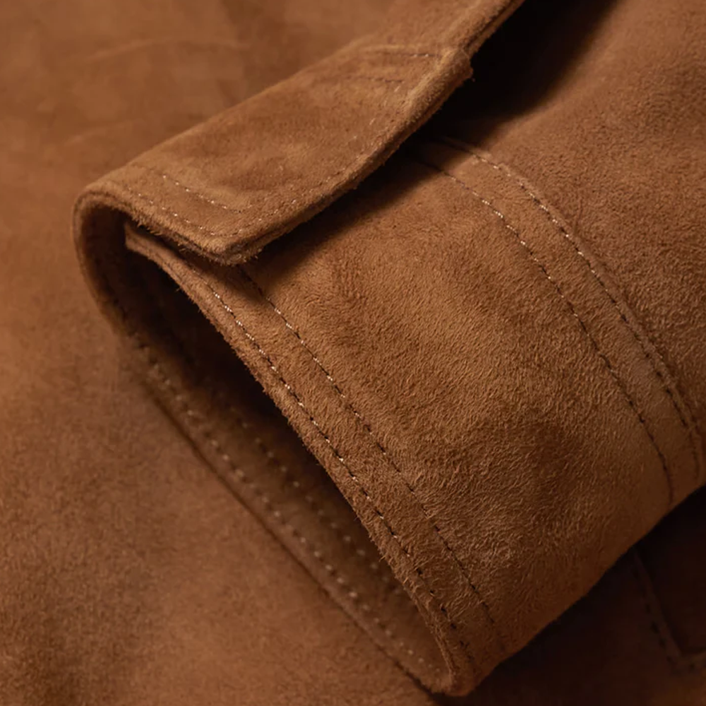 New Mens Lambskin Fur Collar Brown Suede Trucker Leather Jacket