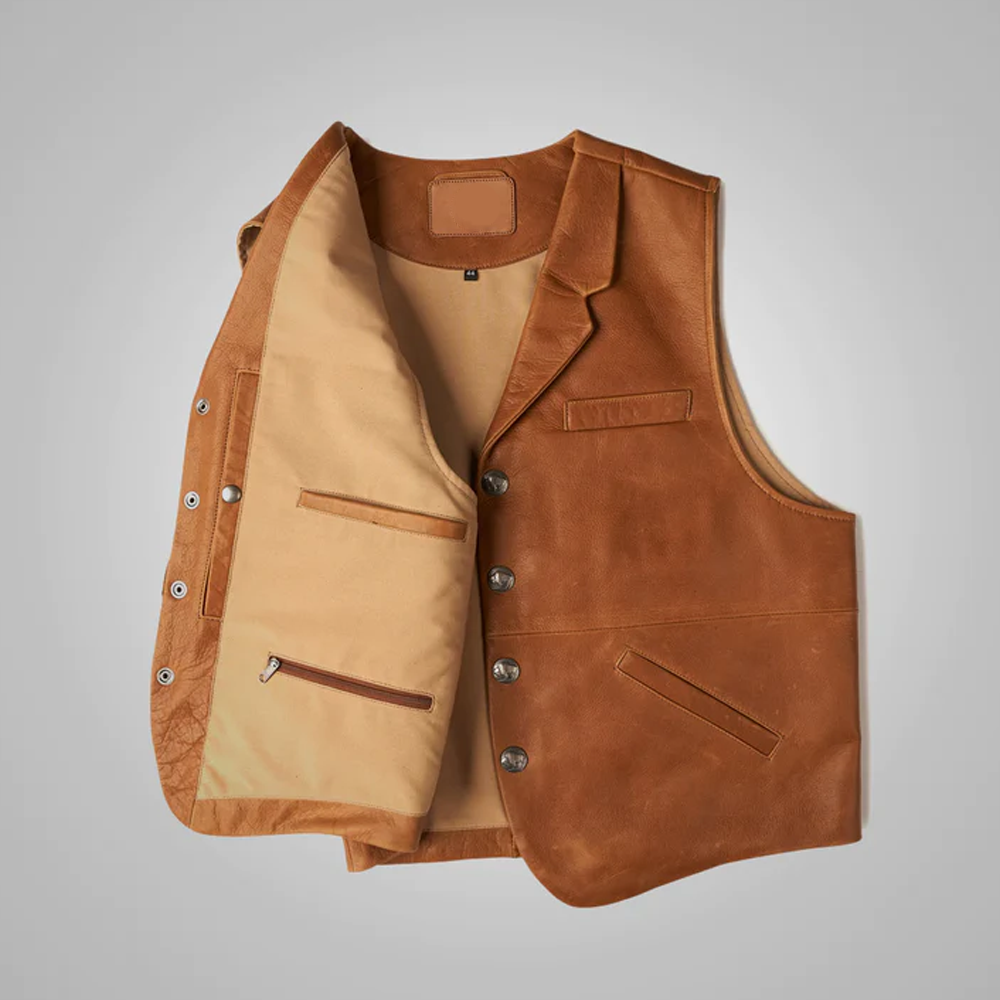 New Mens Lambskin Vintage Brown Shearling Leather Cowboy Vest