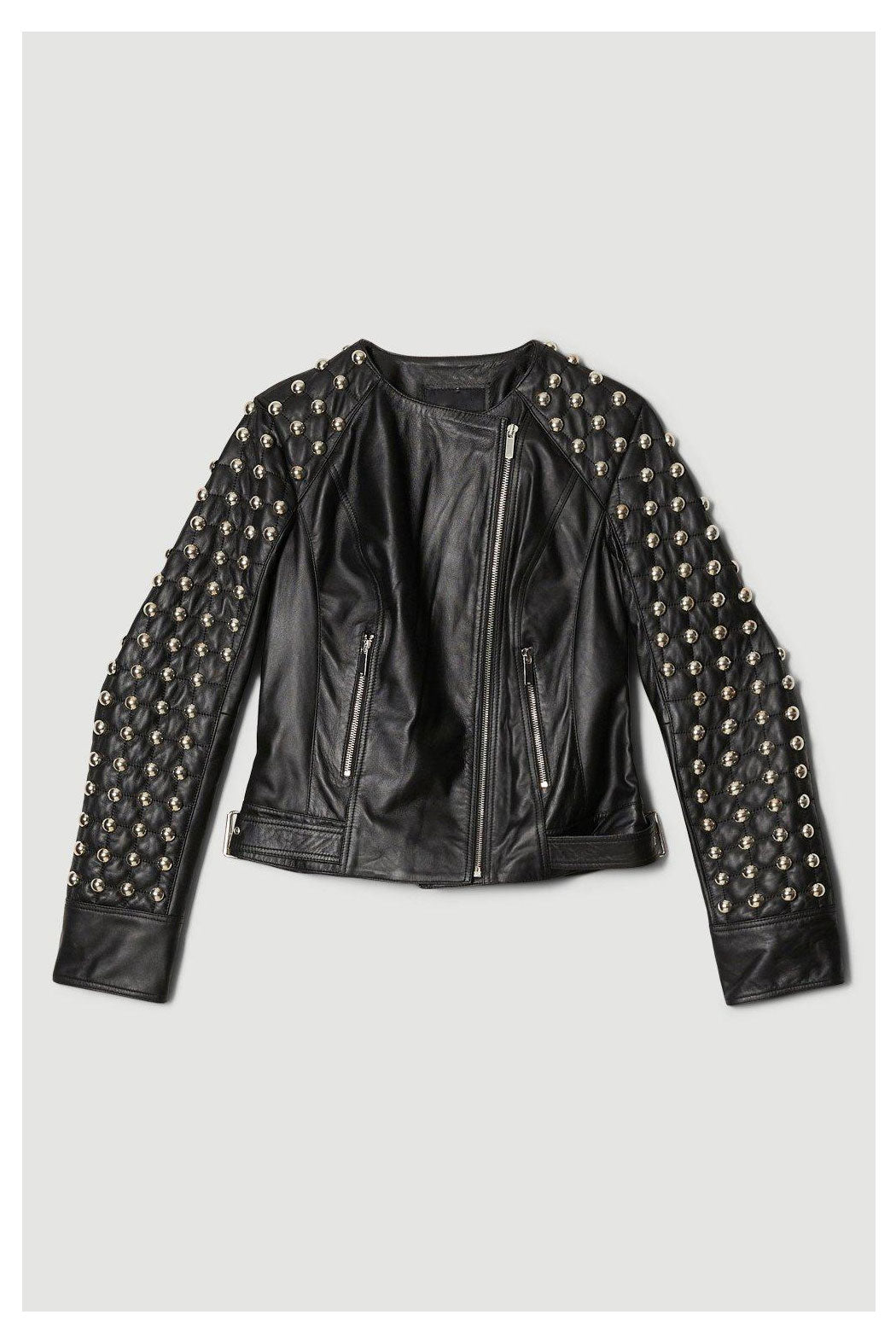 New Women Black Fashion Style Silver Spiked Studded Leather Jacket