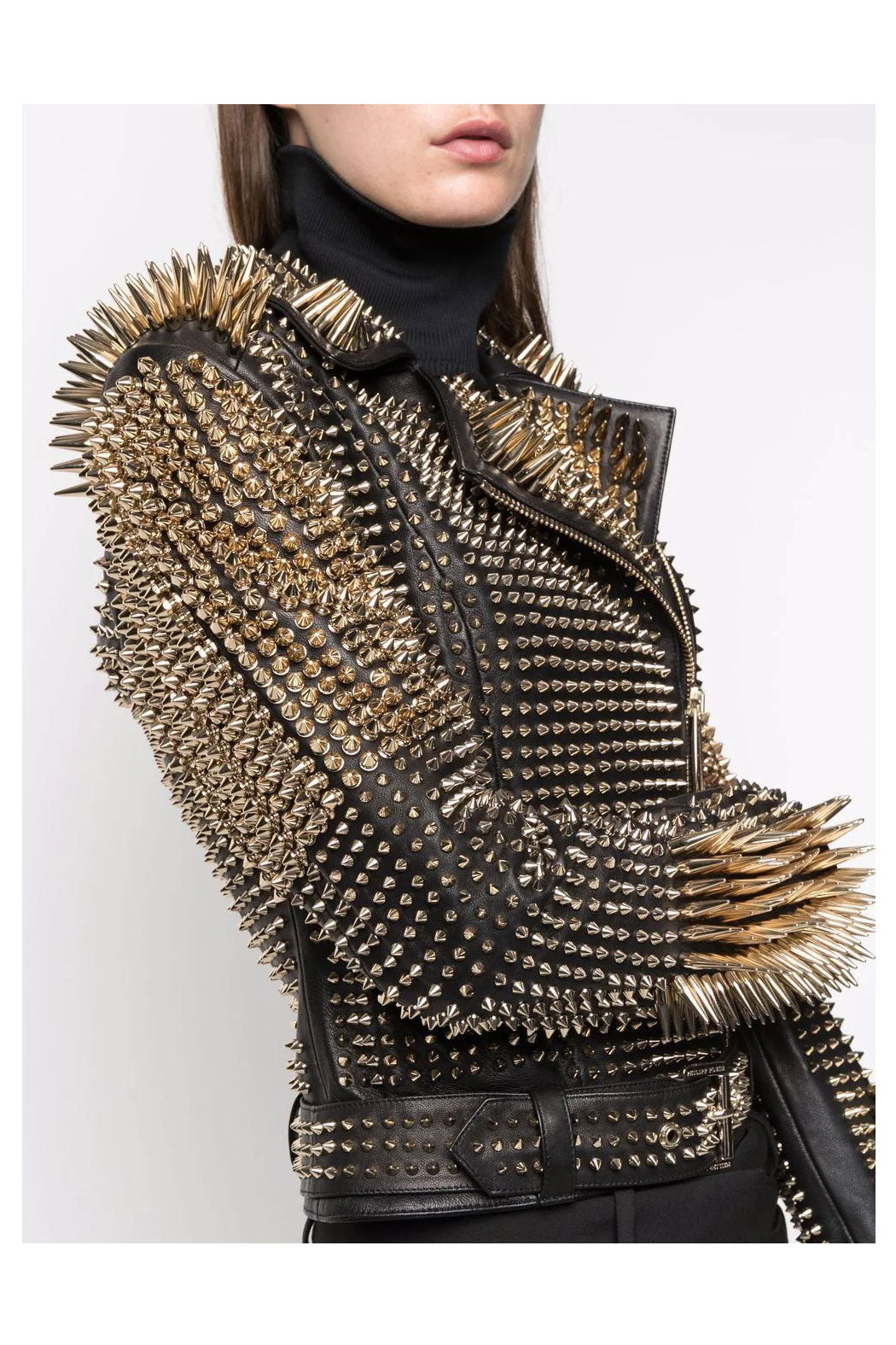 New Black Spiked Studded Punk Silver Long Leather Biker Jacket For Women