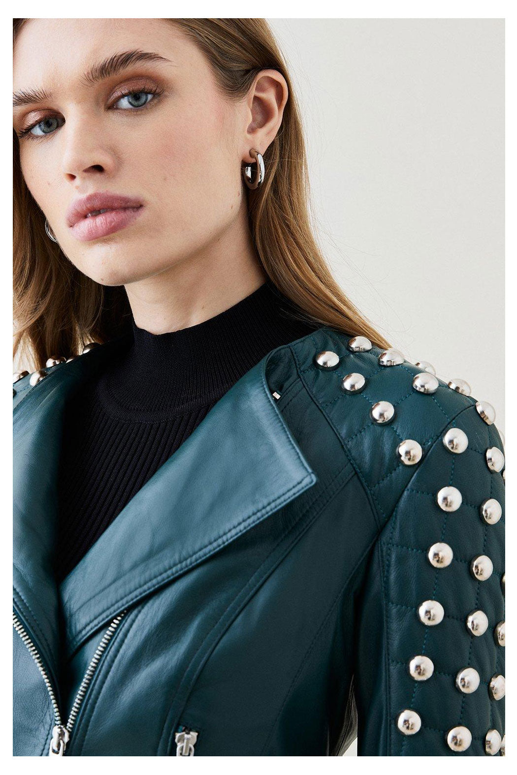 New Women Chocolat Green Spiked Studded Retro Motorcycle Style Silver Leather Biker Jacket