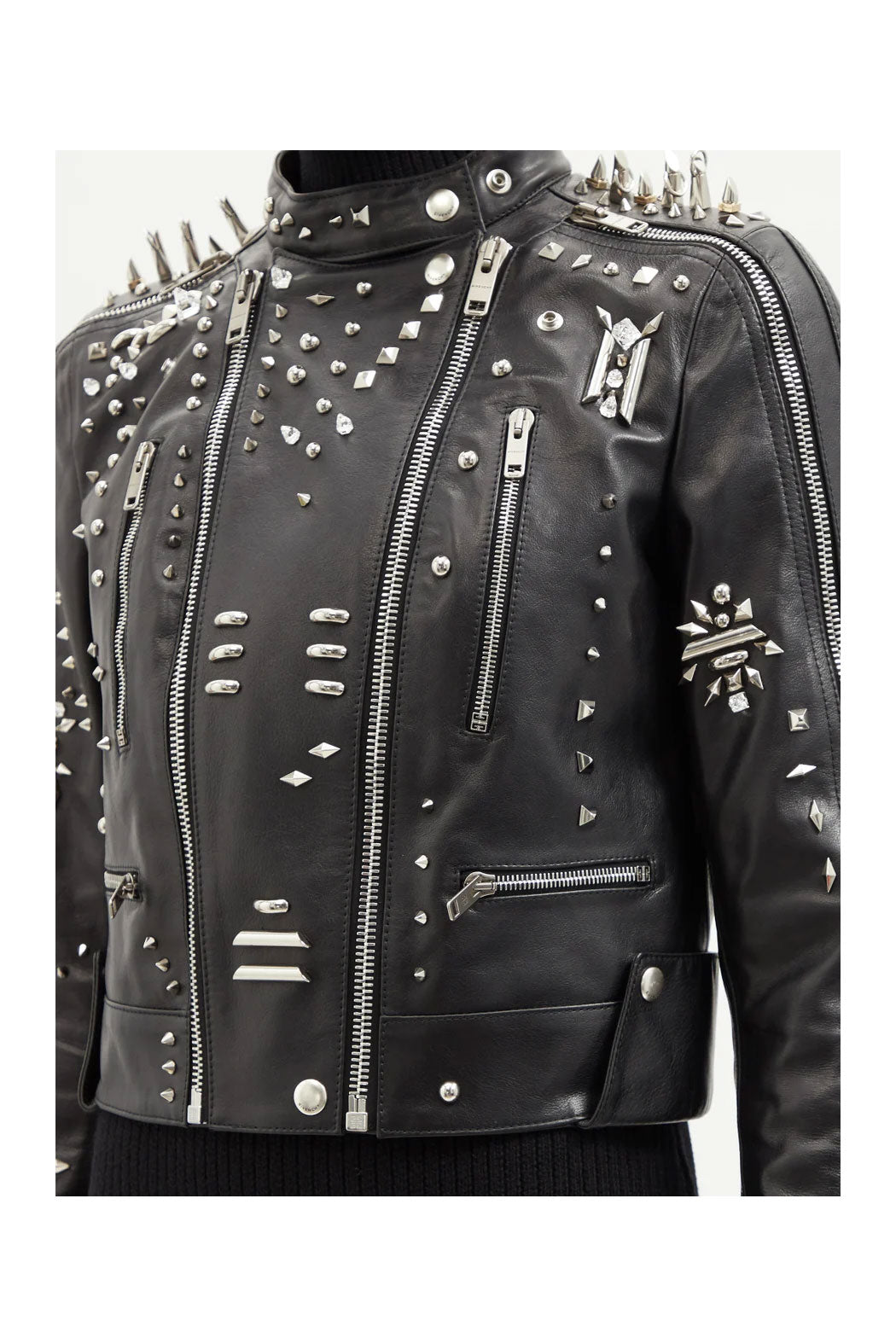 New Women Style Silver Long Spiked Studded Black Motorcycle Leather Biker Jacket