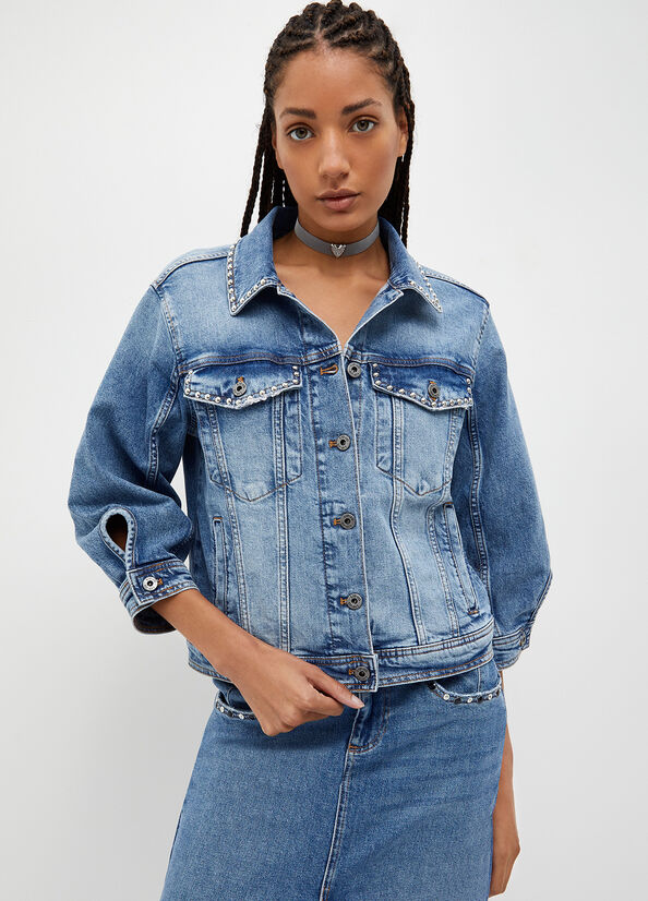 New Women Blue Denim Jacket Flap pockets with button on the chest