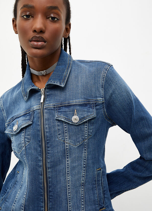 Women Denim Jackets With Two Way Zip and Button Closure