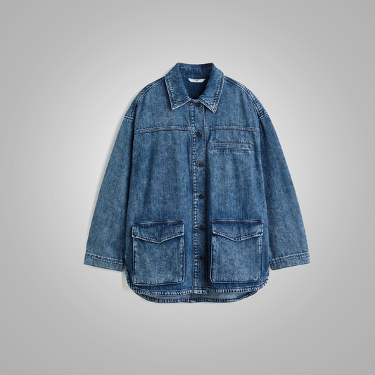 Women Shacket in Sturdy Cotton Denim Shirts with a Collar and Buttons